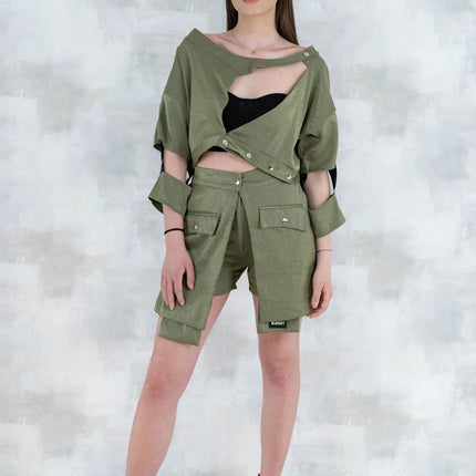Set 3 Piese Urban Green – Cămașă neagră, bluză asimetrică și pantalon scurt khaki 5005-010 - NIZIA
