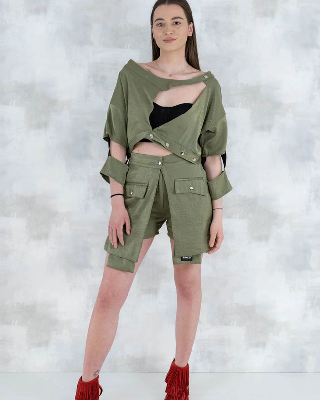 Set 3 Piese Urban Green – Cămașă neagră, bluză asimetrică și pantalon scurt khaki 5005-010 - NIZIA