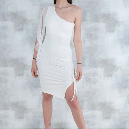 Rochie mulata cu voal pe umar -alb 10001 - NIZIA