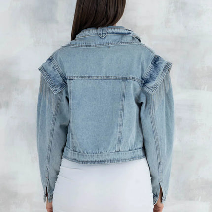 Jachetă crop denim cu detalii metalice 7008 - NIZIA