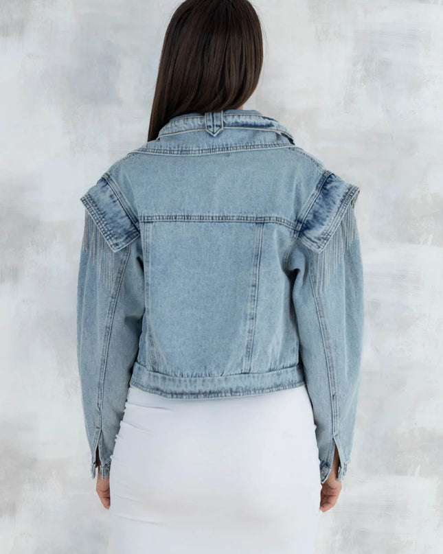 Jachetă crop denim cu detalii metalice 7008 - NIZIA