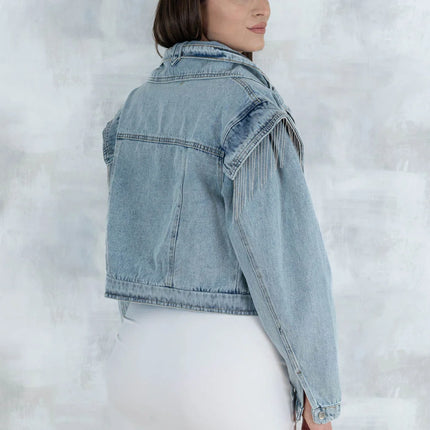 Jachetă crop denim cu detalii metalice 7008 - NIZIA