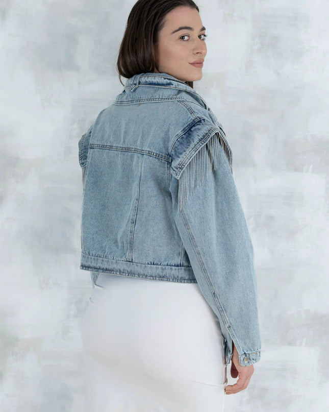 Jachetă crop denim cu detalii metalice 7008 - NIZIA