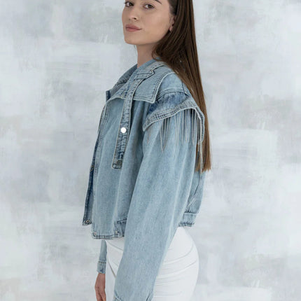 Jachetă crop denim cu detalii metalice 7008 - NIZIA