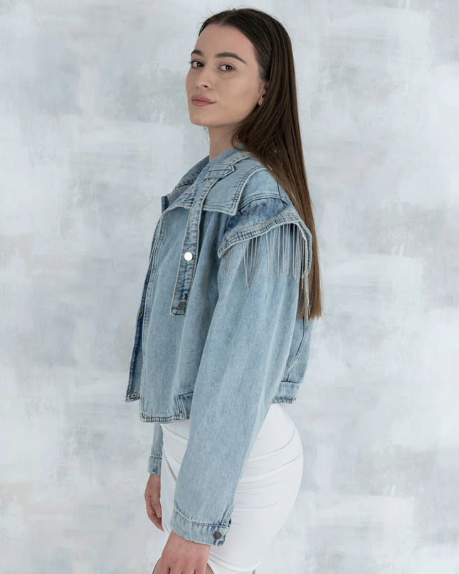 Jachetă crop denim cu detalii metalice 7008 - NIZIA