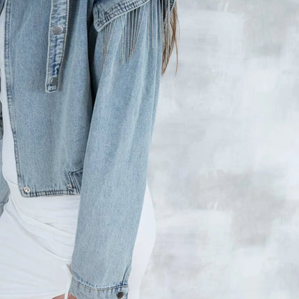 Jachetă crop denim cu detalii metalice 7008 - NIZIA