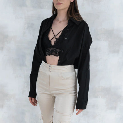 Set 3 Piese urban neutral – Cămașă neagră, bluză asimetrică și pantaloni lungi 5004-010 - NIZIA