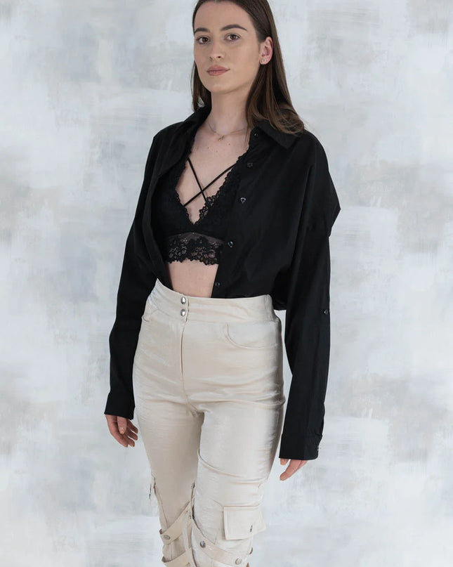 Set 3 Piese urban neutral – Cămașă neagră, bluză asimetrică și pantaloni lungi 5004-010 - NIZIA