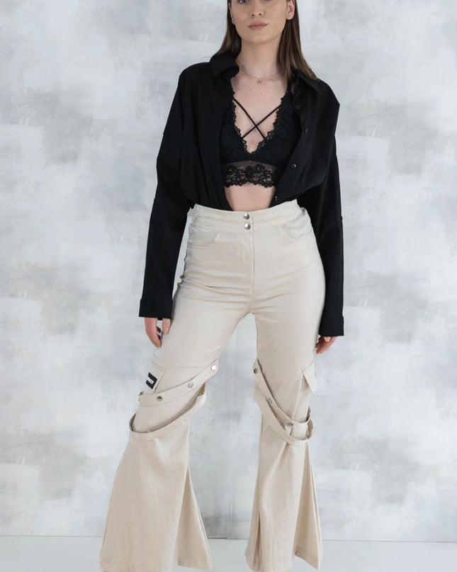 Set 3 Piese urban neutral – Cămașă neagră, bluză asimetrică și pantaloni lungi 5004-010 - NIZIA