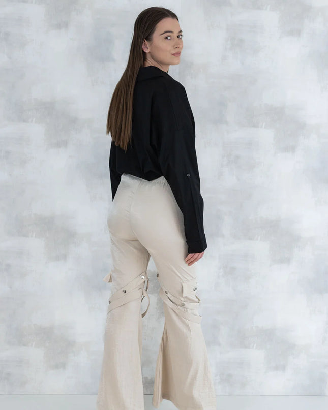 Set 3 Piese urban neutral – Cămașă neagră, bluză asimetrică și pantaloni lungi 5004-010 - NIZIA
