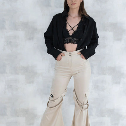 Set 3 Piese urban neutral – Cămașă neagră, bluză asimetrică și pantaloni lungi 5004-010 - NIZIA
