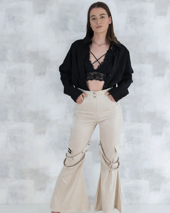Set 3 Piese urban neutral – Cămașă neagră, bluză asimetrică și pantaloni lungi 5004-010 - NIZIA
