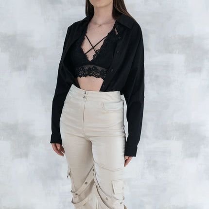 Set 3 Piese urban neutral – Cămașă neagră, bluză asimetrică și pantaloni lungi 5004-010 - NIZIA