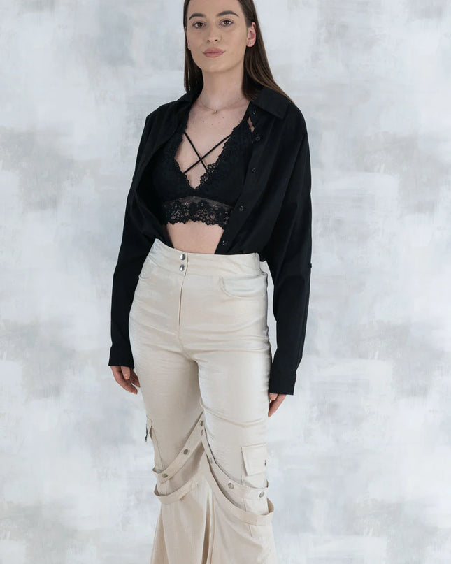 Set 3 Piese urban neutral – Cămașă neagră, bluză asimetrică și pantaloni lungi 5004-010 - NIZIA