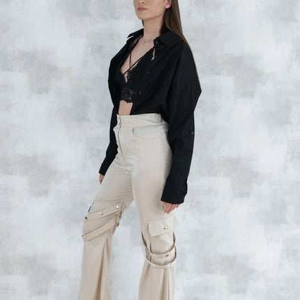 Set 3 Piese urban neutral – Cămașă neagră, bluză asimetrică și pantaloni lungi 5004-010 - NIZIA