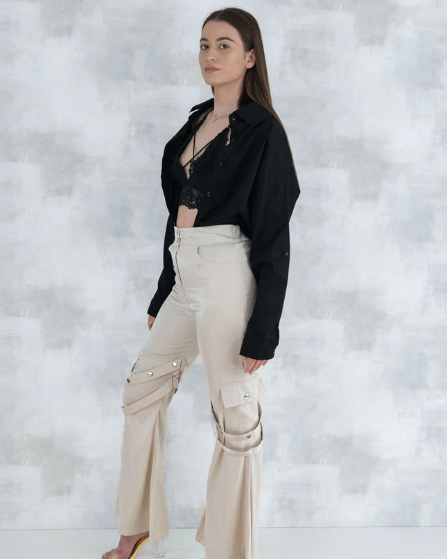 Set 3 Piese urban neutral – Cămașă neagră, bluză asimetrică și pantaloni lungi 5004-010 - NIZIA