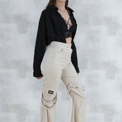 Set 3 Piese urban neutral – Cămașă neagră, bluză asimetrică și pantaloni lungi 5004-010 - NIZIA