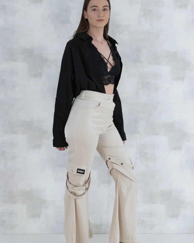 Set 3 Piese urban neutral – Cămașă neagră, bluză asimetrică și pantaloni lungi 5004-010 - NIZIA