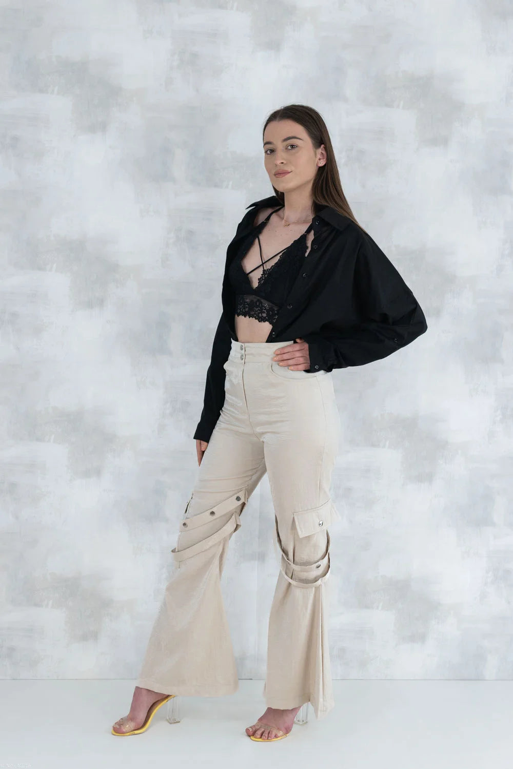 Set 3 Piese urban neutral – Cămașă neagră, bluză asimetrică și pantaloni lungi 5004-010 - NIZIA