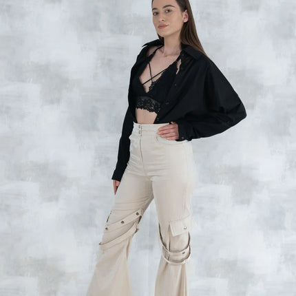 Set 3 Piese urban neutral – Cămașă neagră, bluză asimetrică și pantaloni lungi 5004-010 - NIZIA
