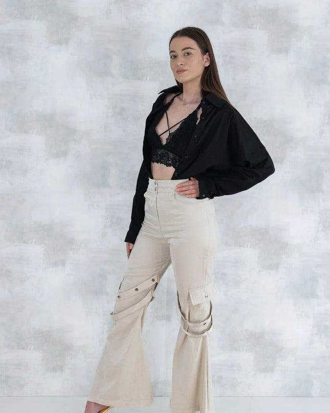 Set 3 Piese urban neutral – Cămașă neagră, bluză asimetrică și pantaloni lungi 5004-010 - NIZIA