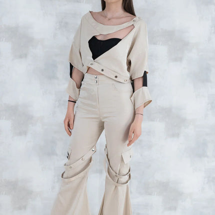 Set 3 Piese urban neutral – Cămașă neagră, bluză asimetrică și pantaloni lungi 5004-010 - NIZIA