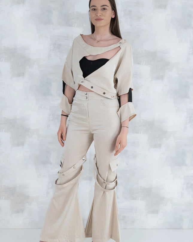 Set 3 Piese urban neutral – Cămașă neagră, bluză asimetrică și pantaloni lungi 5004-010 - NIZIA