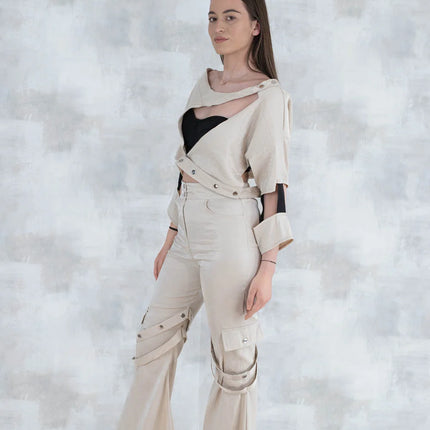 Set 3 Piese urban neutral – Cămașă neagră, bluză asimetrică și pantaloni lungi 5004-010 - NIZIA