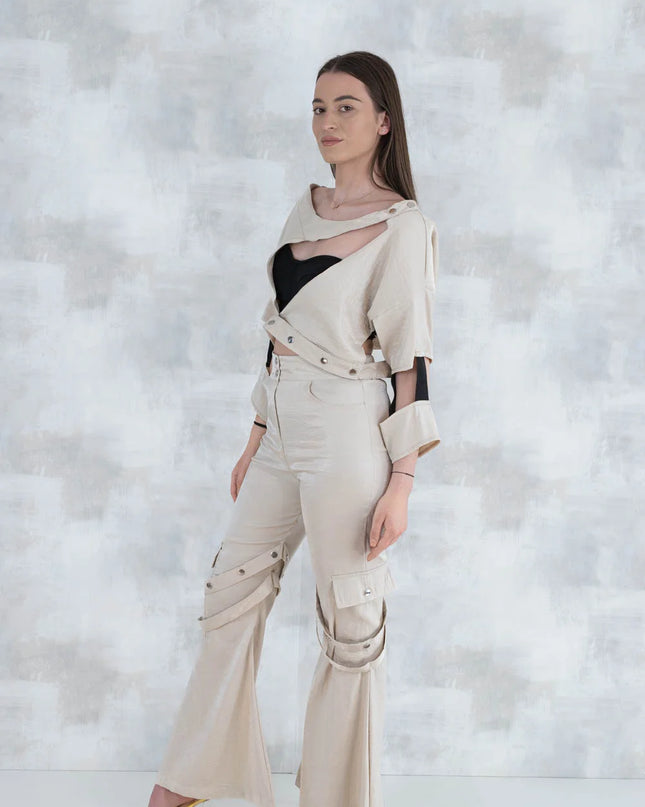 Set 3 Piese urban neutral – Cămașă neagră, bluză asimetrică și pantaloni lungi 5004-010 - NIZIA