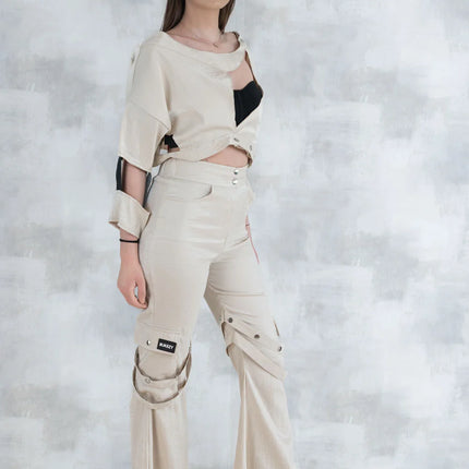 Set 3 Piese urban neutral – Cămașă neagră, bluză asimetrică și pantaloni lungi 5004-010 - NIZIA