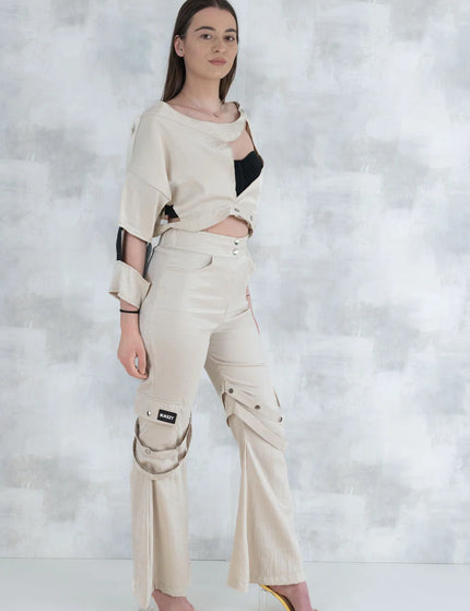 Set 3 Piese urban neutral – Cămașă neagră, bluză asimetrică și pantaloni lungi 5004-010 - NIZIA