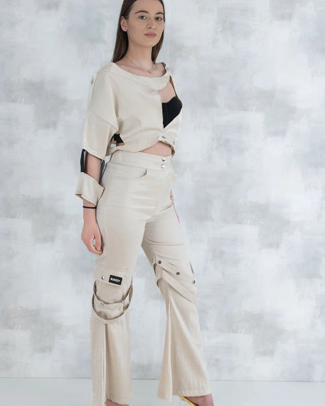 Set 3 Piese urban neutral – Cămașă neagră, bluză asimetrică și pantaloni lungi 5004-010 - NIZIA