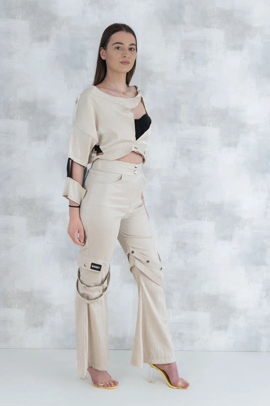 Set 3 Piese urban neutral – Cămașă neagră, bluză asimetrică și pantaloni lungi 5004-010 - NIZIA