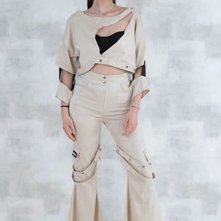 Set 3 Piese urban neutral – Cămașă neagră, bluză asimetrică și pantaloni lungi 5004-010 - NIZIA