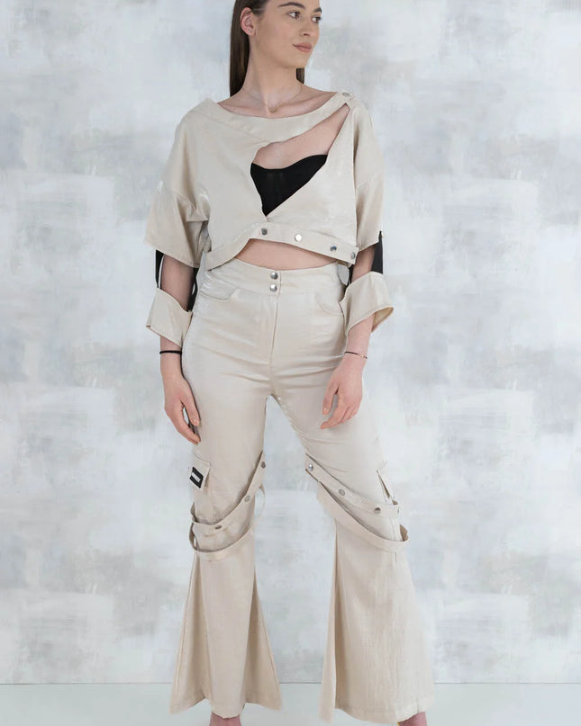 Set 3 Piese urban neutral – Cămașă neagră, bluză asimetrică și pantaloni lungi 5004-010 - NIZIA