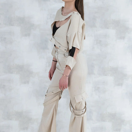 Set 3 Piese urban neutral – Cămașă neagră, bluză asimetrică și pantaloni lungi 5004-010 - NIZIA
