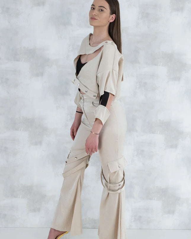 Set 3 Piese urban neutral – Cămașă neagră, bluză asimetrică și pantaloni lungi 5004-010 - NIZIA