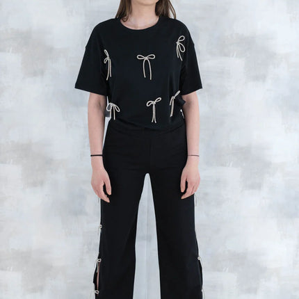 Compleu chic negru cu fundite – tricou&pantaloni 5012 - NIZIA