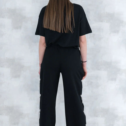 Compleu chic negru cu fundite – tricou&pantaloni 5012 - NIZIA