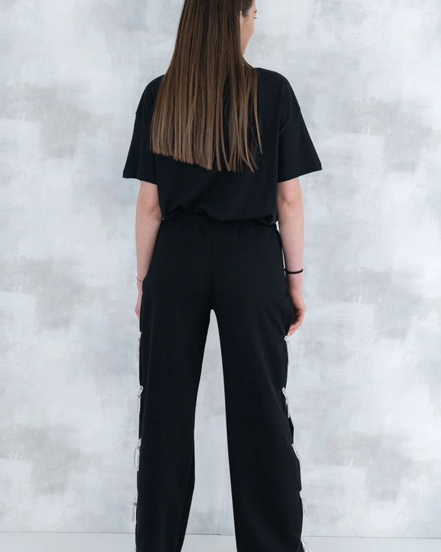 Compleu chic negru cu fundite – tricou&pantaloni 5012 - NIZIA