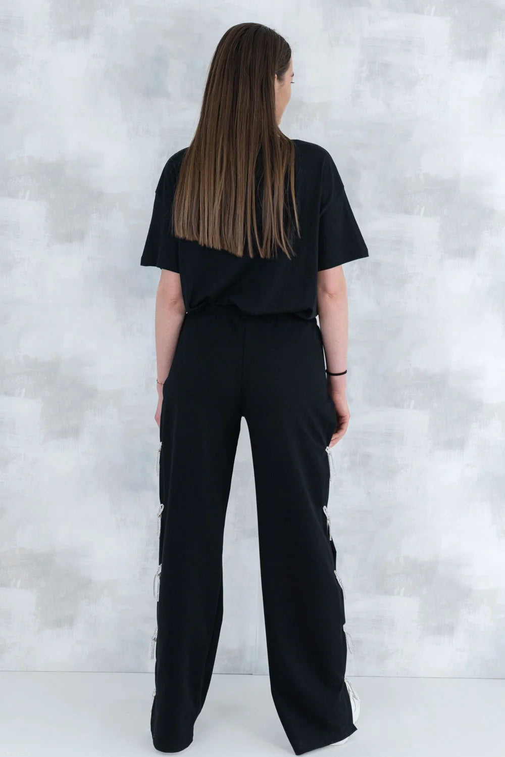 Compleu chic negru cu fundite – tricou&pantaloni 5012 - NIZIA